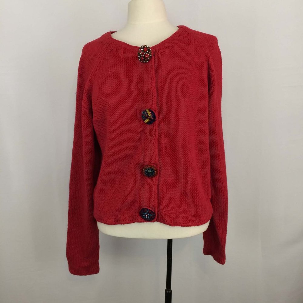 New York News Red Cardigan‎ Sweater Beaded Buttons
